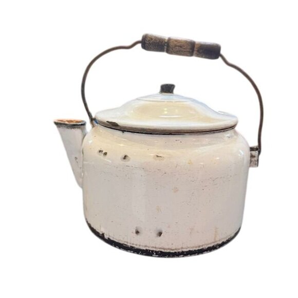 Vintage White Enamel Teapot With Wooden Handle & Lid - Picture 1 of 9